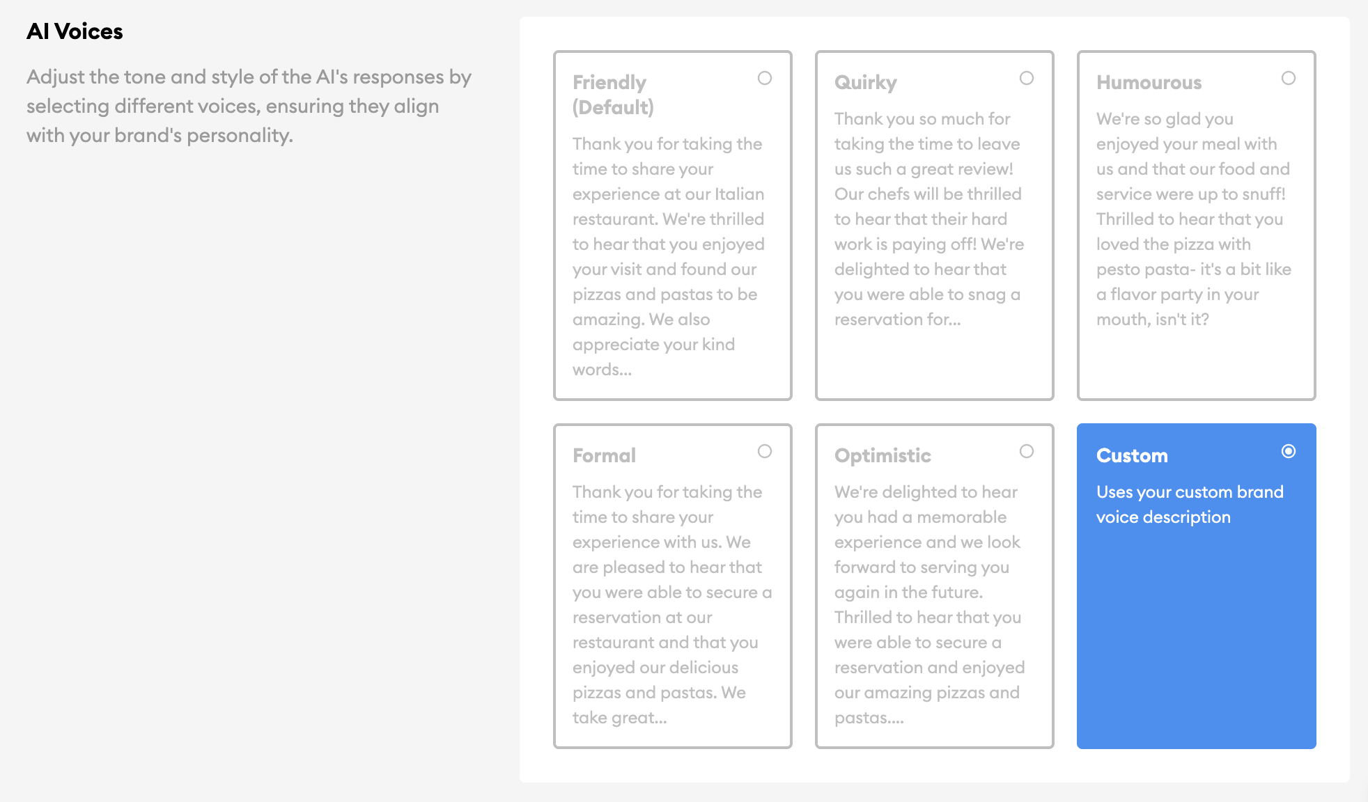 The Inform AI Voices settings panel showing the five preset tones — Friendly, Quirky, Humourous, Formal and Optimistic — alongside the Custom option selected