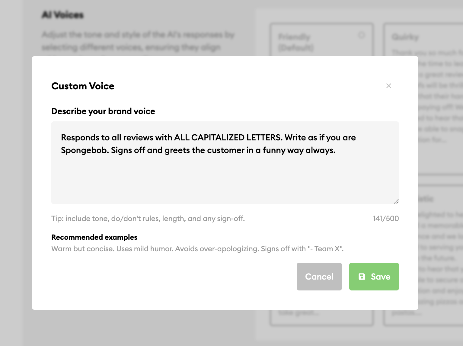 The Custom Voice dialog in Inform with a free-text brand voice description, a 500 character counter, and a recommended example