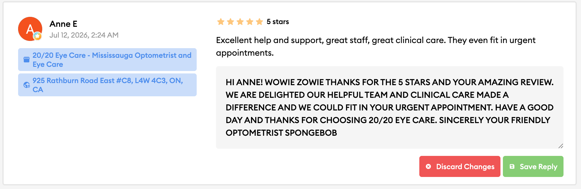 A five-star Google review answered by Inform in an all-caps custom brand voice with a playful greeting and sign-off