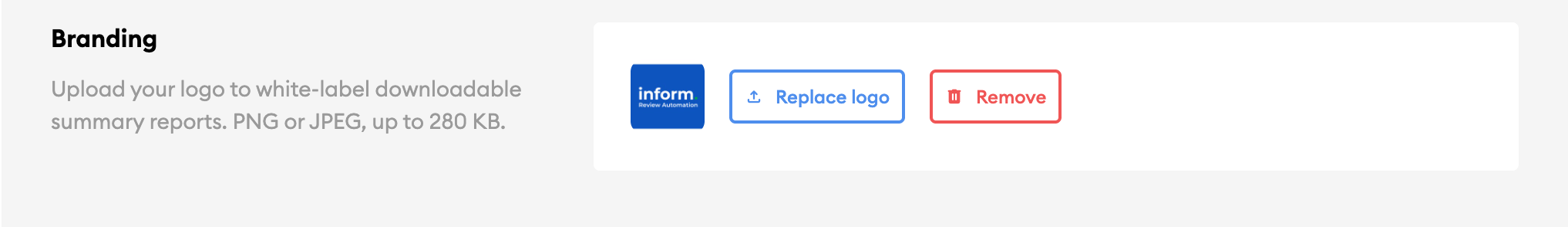 The Branding section of Inform Org Settings, where a logo is uploaded to white-label downloadable summary reports