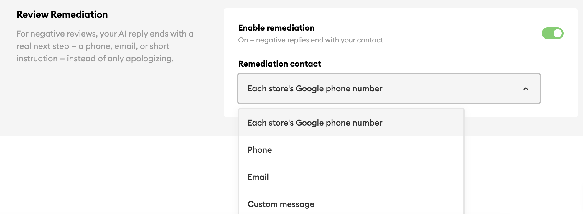 The Review Remediation settings in Inform, with the enable toggle on and the remediation contact dropdown open showing four options