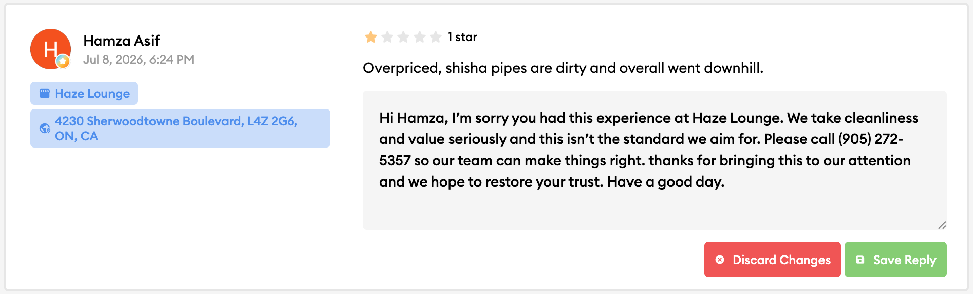 A one-star Google review answered by Inform with an apology that names the specific complaints and ends with the location phone number