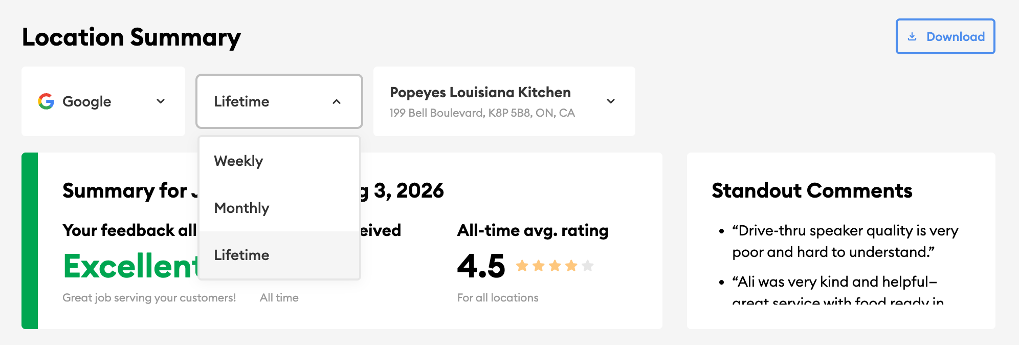 The period selector on an Inform location summary, offering weekly, monthly and longer reporting windows