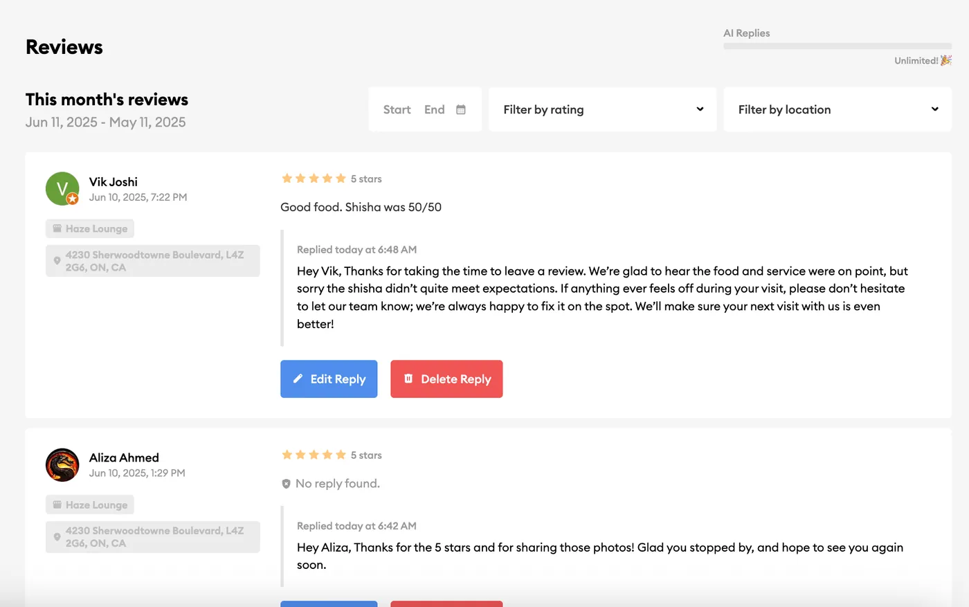 The Inform reviews inbox: Google reviews with AI replies written for each one